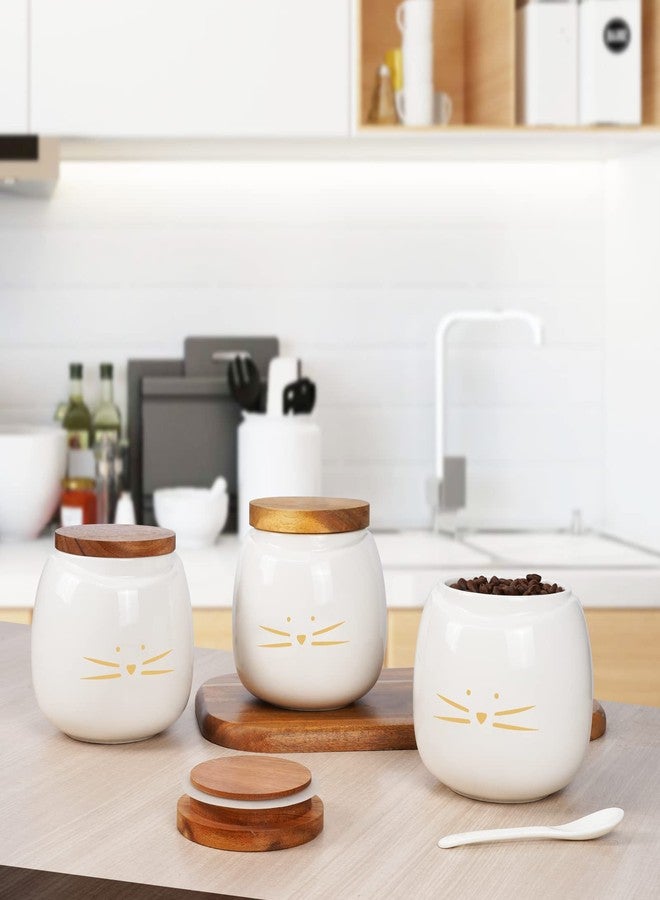 Koolkatkoo Ceramic Cat Canister Set Coffee Tea Sugar Food Storage with Bamboo Lid for the Kitchen Canister Round White Set of 3 - Image 3